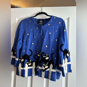 Michael Simon Black Cat on Fence / Starry night Cardigan size Large